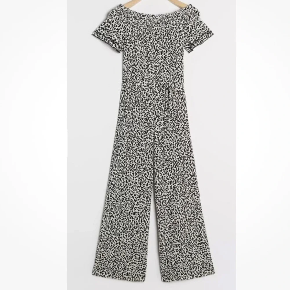 Anthropologie Kyra animal print wide leg off shoulder Jumpsuit small NWT